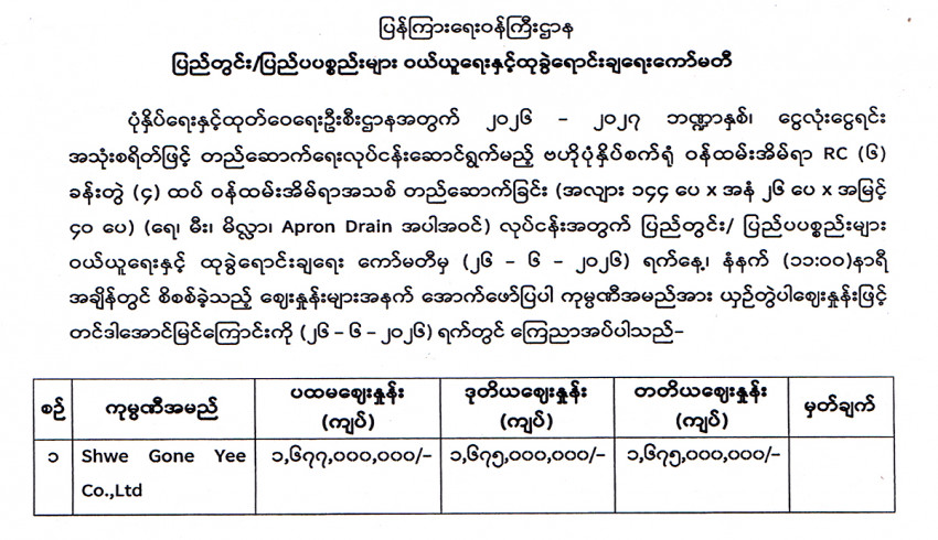 ပုံနှိပ်ရေးနှင့်ထုတ်ဝေရေးဦးစီးဌာနအတွက် တင်ဒါအောင်မြင်ကြောင်း ကြေညာ