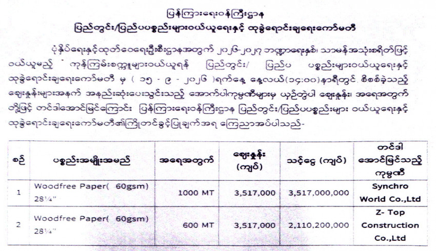 ပုံနှိပ်ရေးနှင့်ထုတ်ဝေရေးဦးစီးဌာနအတွက် တင်ဒါအောင်မြင်ကြောင်း ကြေညာ